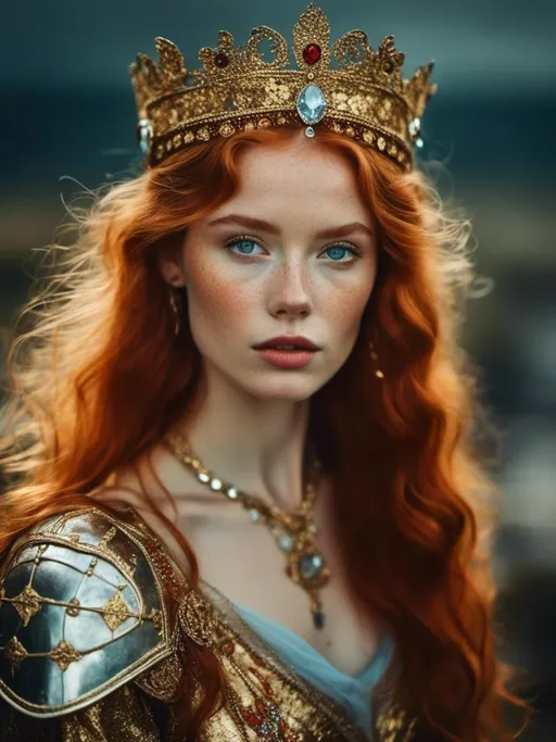 Prompt: A woman portrait in Midjourney <mymodel> style, long red wavy hair, crystal blue eyes, pale skin, red freckled cheeks, slim and sharp face, golden tiara with gems, iron breatplate armor with golden lining, revealing, Nordic, Fantasy, Medieval