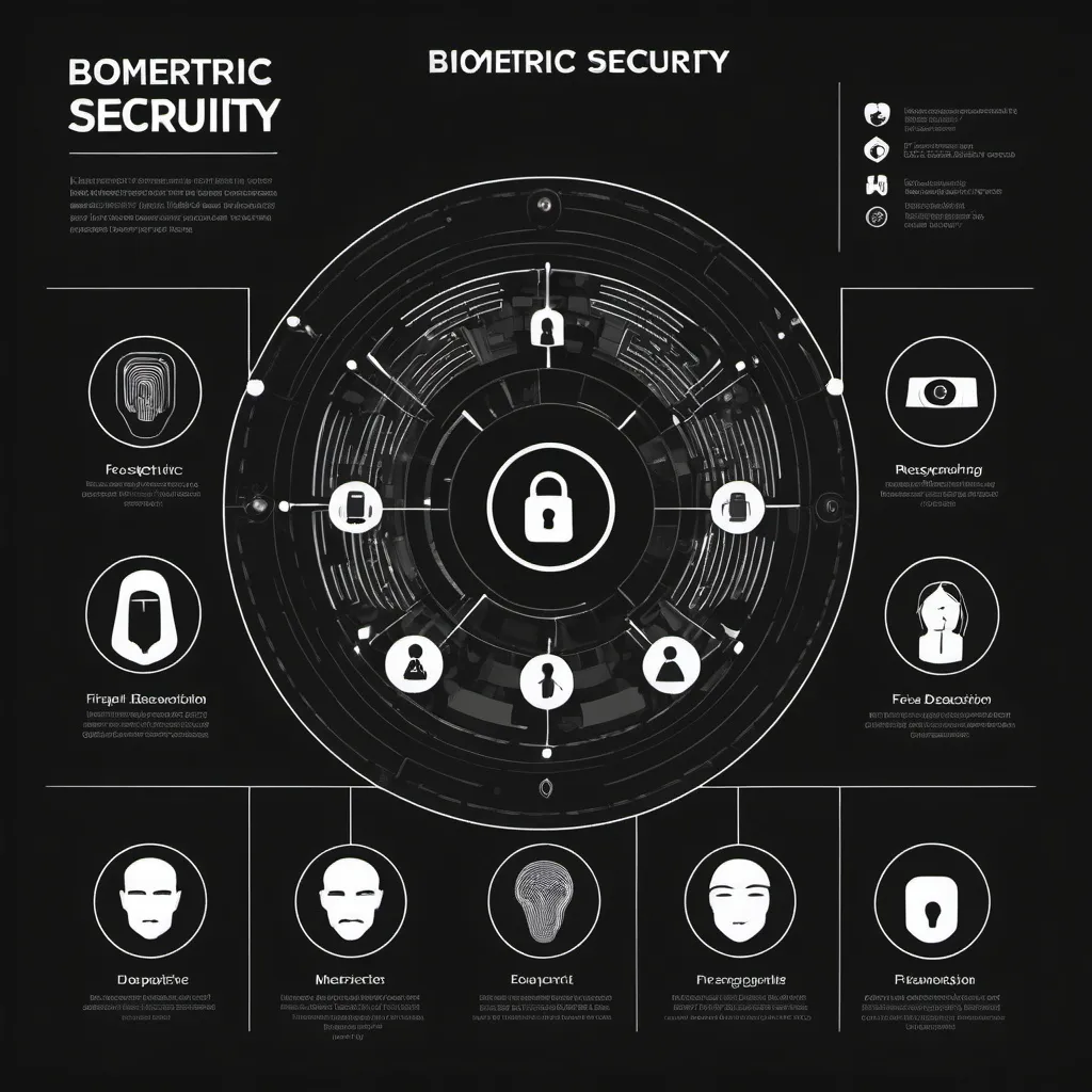 Prompt: infographic showing all the different types of biometric security, such as facial, voice, iris, fingerprint, and ECG signal recognition; try to keep it simple, include outlines and 5 separate boxes