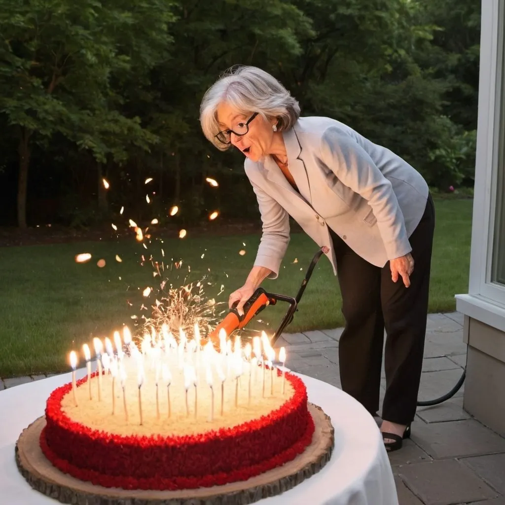 Prompt: Create a picture of Paula Rosenberg  using a leaf blower to blow out 100 birthday candles
