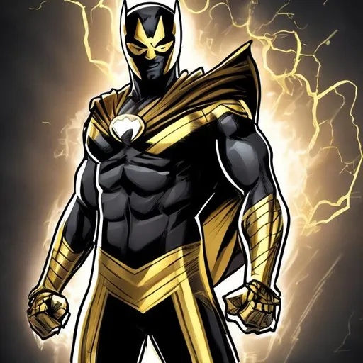 Prompt: Make a superhero with speed powers and a black and gold suit