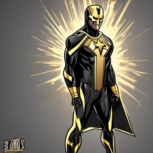 Prompt: Make a superhero with speed powers and a black and gold suit