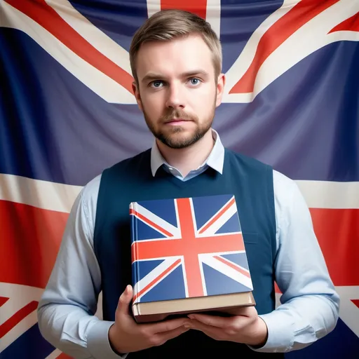 Prompt: Man holding a grammar book, vibrant Great Britain flag draping in the background, warmly lit indoor setting, focused expression conveying intellect and curiosity, rich details on the book cover, inviting ambiance, subtle textures of the flag, high detail and clarity, enchanting atmosphere, ultra-detailed image, perfect for educational themes.