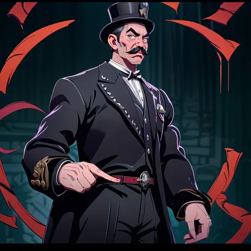 Prompt: a evil ring master with a whip ,he is a older man with a big moustache he wears black top hat he stands in a circus ring 