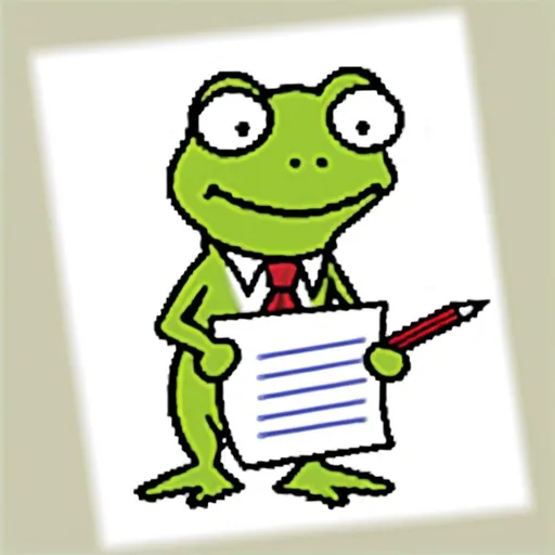 Prompt: A frog with similar art style to Microsoft's Office assistants from the 90s-early 2000s, closed-mouth smiling, wearing a red tie and black glasses, holding a clipboard and pen.