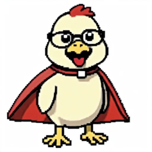 Prompt: A chicken with similar art style to Microsoft's Office assistants from the 90s-early 2000s, closed-mouth smiling, wearing a red cape and glasses, brown eyes.