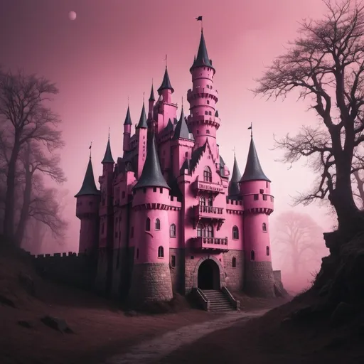 Prompt: a mystical, mysterious, shadowy, gloomy pink castle