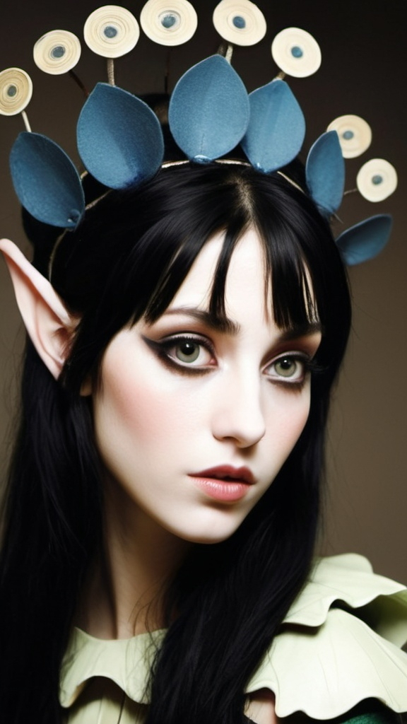 Prompt: Avant garde elf, whimsical, black hair and enigmatic stare 