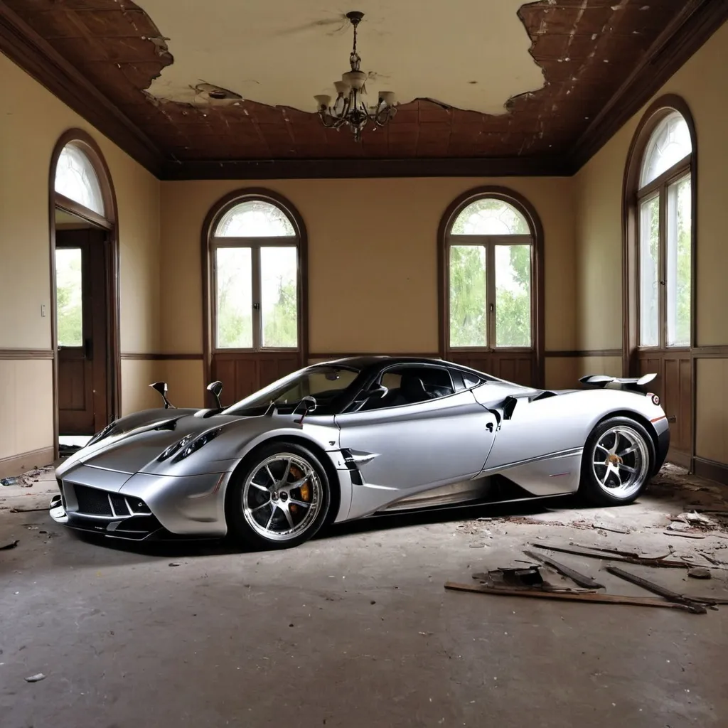 Prompt: show me a abandoned house with abandoned pagani huayra inside