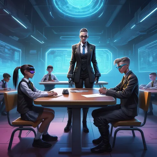 Prompt: Cyberpunk Pupil
Illustrate a pupil in a cyberpunk setting, classic dressed teacher with a schoolboy and schoolgirl as a humanoid against a backdrop of a futuristic school.
add the name of the school CLASSMASTER on the right side of the picture.
Behind pupils sitting around the table
