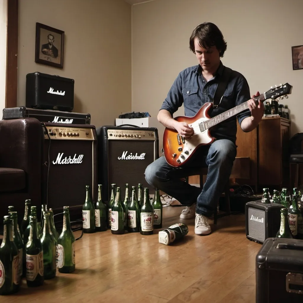 Prompt: Man with electric guitar in his hands, playing. A large ampifier in the background, with "marshall" on it. On the floor in a room, all over next to him bottles. Add different bottles everywhere. More bottles.