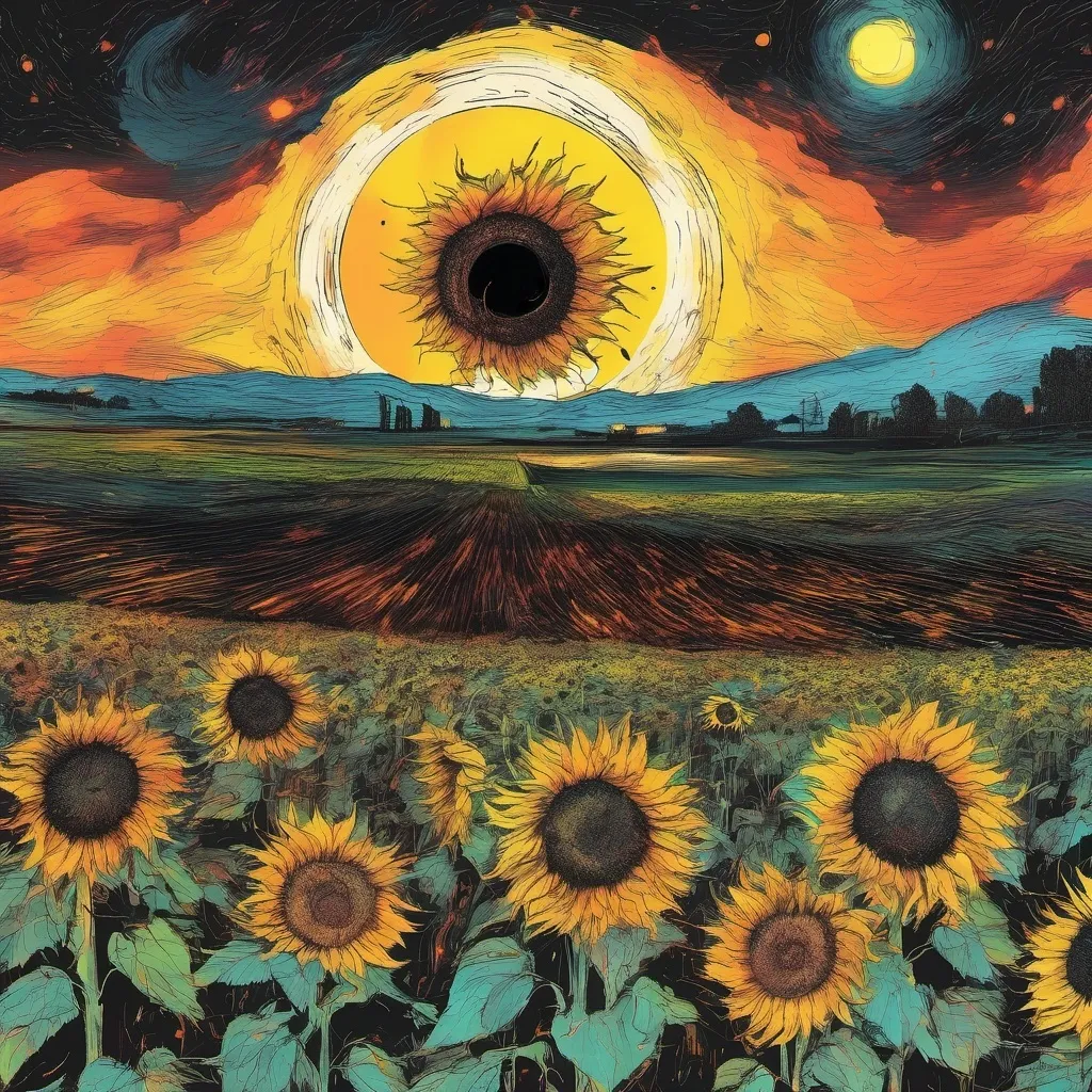 Prompt: Vincent Van Gogh style. Black hole sunflower exuding flames in a field with other sunflowers under a solar eclipse