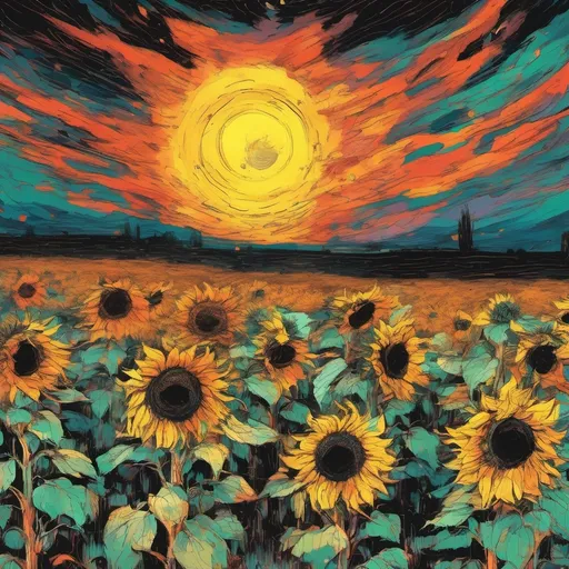 Prompt: Vincent Van Gogh style. Black hole sunflower exuding flames in a field with other sunflowers under a solar eclipse