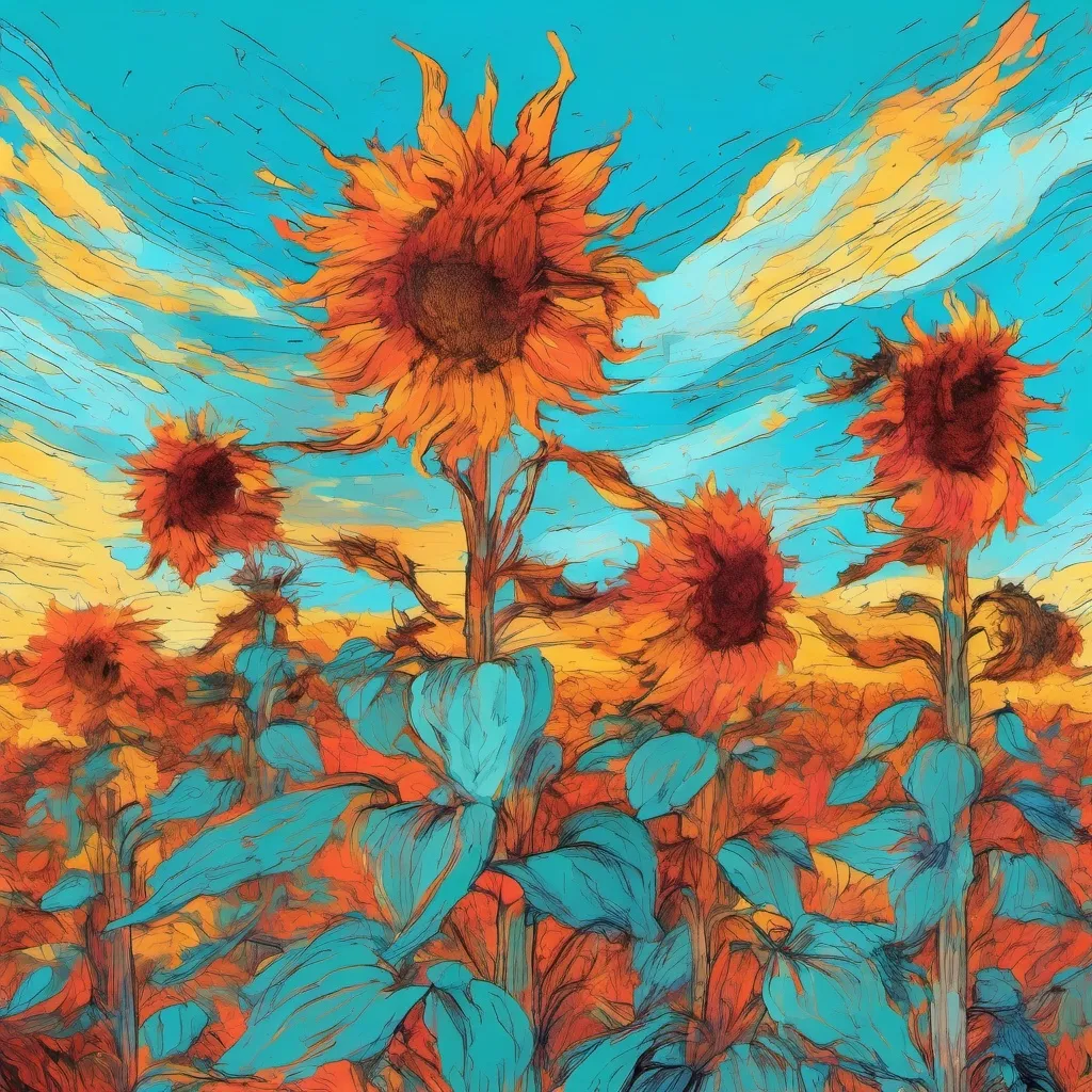 Prompt: Vincent Van Gogh style Frenzied flame flower from elden ring under a blue sky with other sunflowers