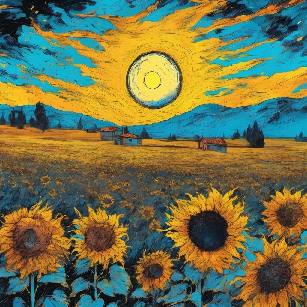 Prompt: Vincent Van Gogh style. Black hole sunflower exuding flames under a blue sky in a field with other sunflowers under a solar eclipse