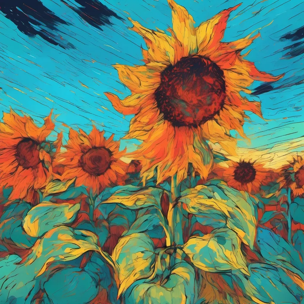 Prompt: Vincent Van Gogh style Frenzied flame flower from elden ring under a blue sky with other sunflowers