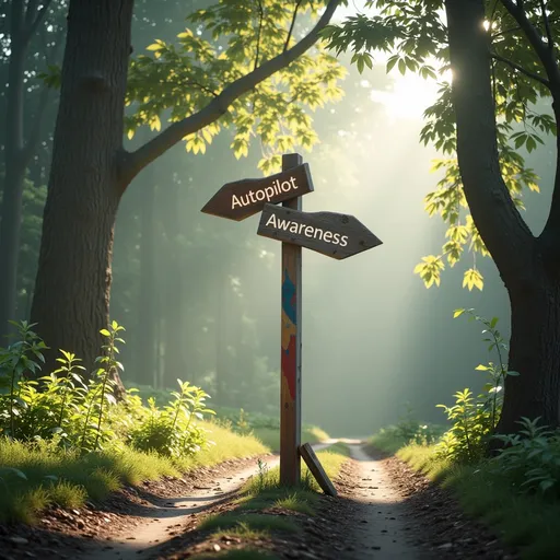 Prompt: Envision a a fork in the road, with one road very long and windy and one road with extra light shining in.  where a fork in the well worn path creates a moment of decision. Soft, ethereal light filters through the dense canopy, casting gentle shadows across the trail. At the intersection, an intricately carved wooden signpost stands. One arrow points toward "Autopilot," adorned with subtle, vibrant colors reminiscent of a journey through familiar yet unremarkable surroundings. The other, marked "Pause Awareness," is painted in calming earth tones, inviting contemplation and mindfulness. A soft breeze rustles the leaves, whispering secrets of choice and reflection, while the atmosphere carries an air of serene uncertainty. This scene is captured in a cinematic lighting style, enhancing the emotional gravity of the moment.