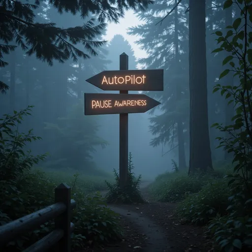 Prompt: Envision a misty forest at twilight, where a fork in the overgrown path creates a moment of decision. Soft, ethereal light filters through the dense canopy, casting gentle shadows across the trail. At the intersection, an intricately carved wooden signpost stands, its letters glowing faintly in the dusky air. One arrow points toward "Autopilot," adorned with subtle, vibrant colors reminiscent of a journey through familiar yet unremarkable surroundings. The other, marked "Pause Awareness," is painted in calming earth tones, inviting contemplation and mindfulness. A soft breeze rustles the leaves, whispering secrets of choice and reflection, while the atmosphere carries an air of serene uncertainty. This scene is captured in a cinematic lighting style, enhancing the emotional gravity of the moment.