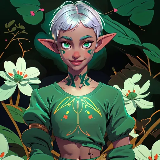 Prompt: Child girl, elf, dark skin, white pixie cut hair, green eyes, clown outfit, fantasy style, flower tattoos,smiling and mischievous