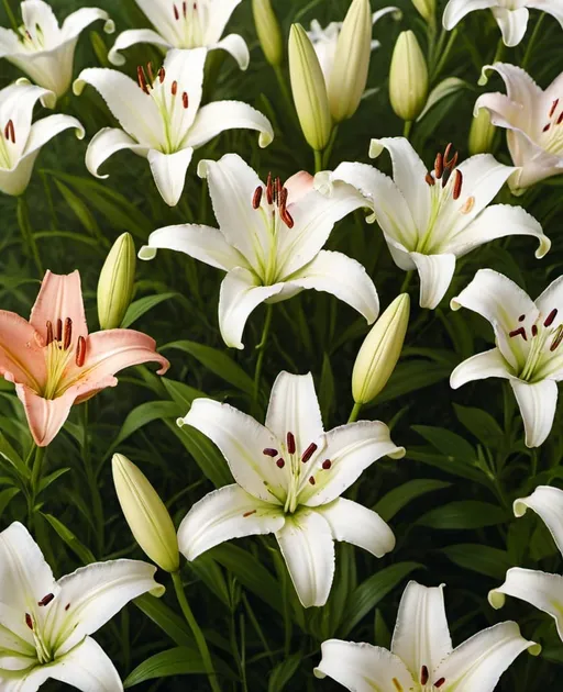 Prompt: top vie of a field of lilies background for a commercial of cosmetic