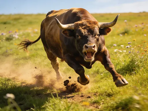 Prompt: A bull goes across a field. Big shouting and sometimes hit the field
