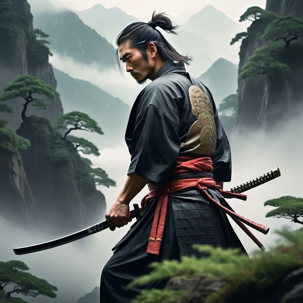 Prompt: generate me a photo of a samurai holding katana (face down) and slight rain fail on the mountains with greenery and foggy weather 