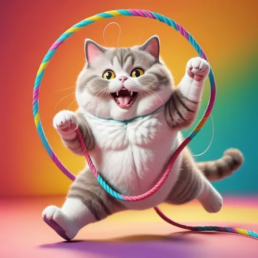 Prompt: generate me a photo of a cat jumping on a skipping rope the cat is chubby and cute generate it in 3d 