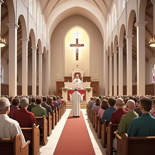 Prompt: Animated Catholic Church mass with priest facing audiences 