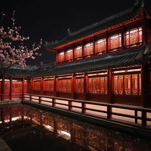 Prompt: china old build
with rining and flower 
dark back coloer at night
very lively inside building

