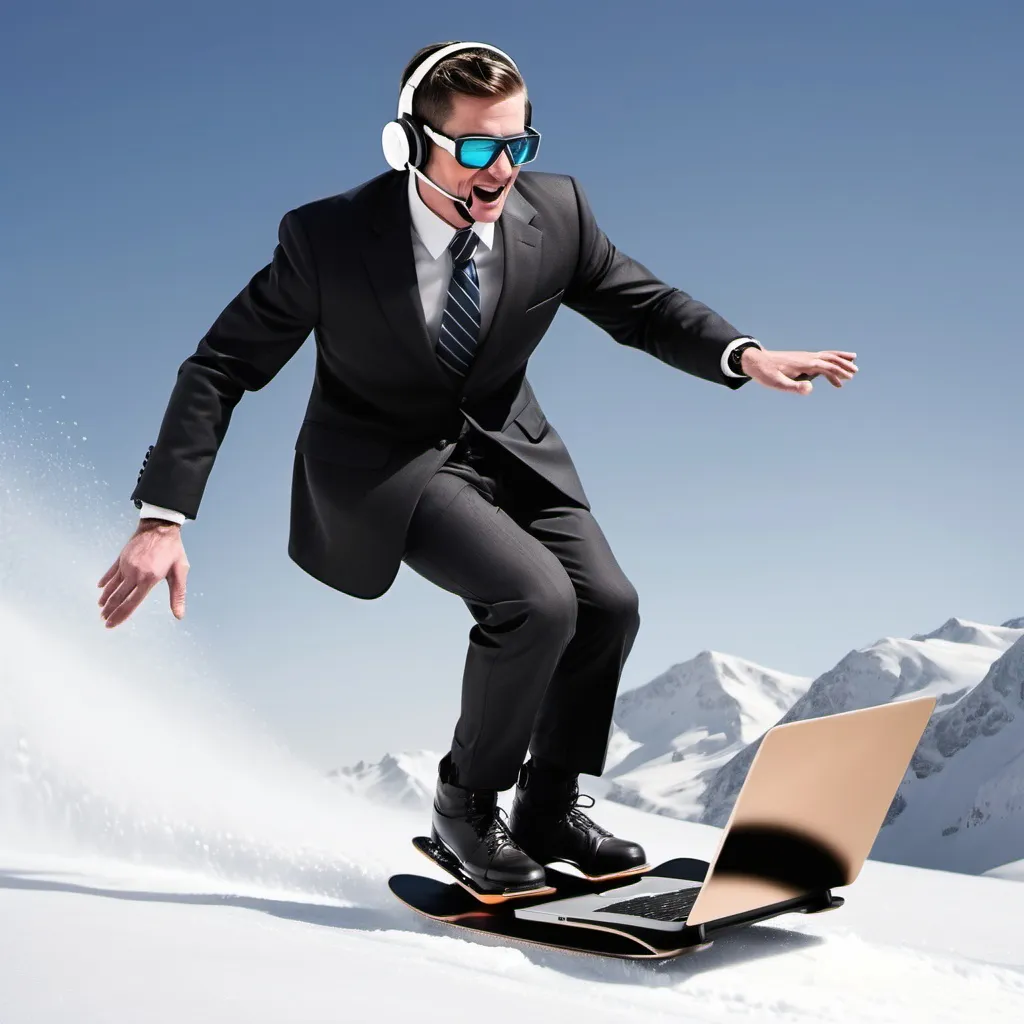 Prompt: create an image of a man in a suit snow boarding holding a laptop and wearing a headset