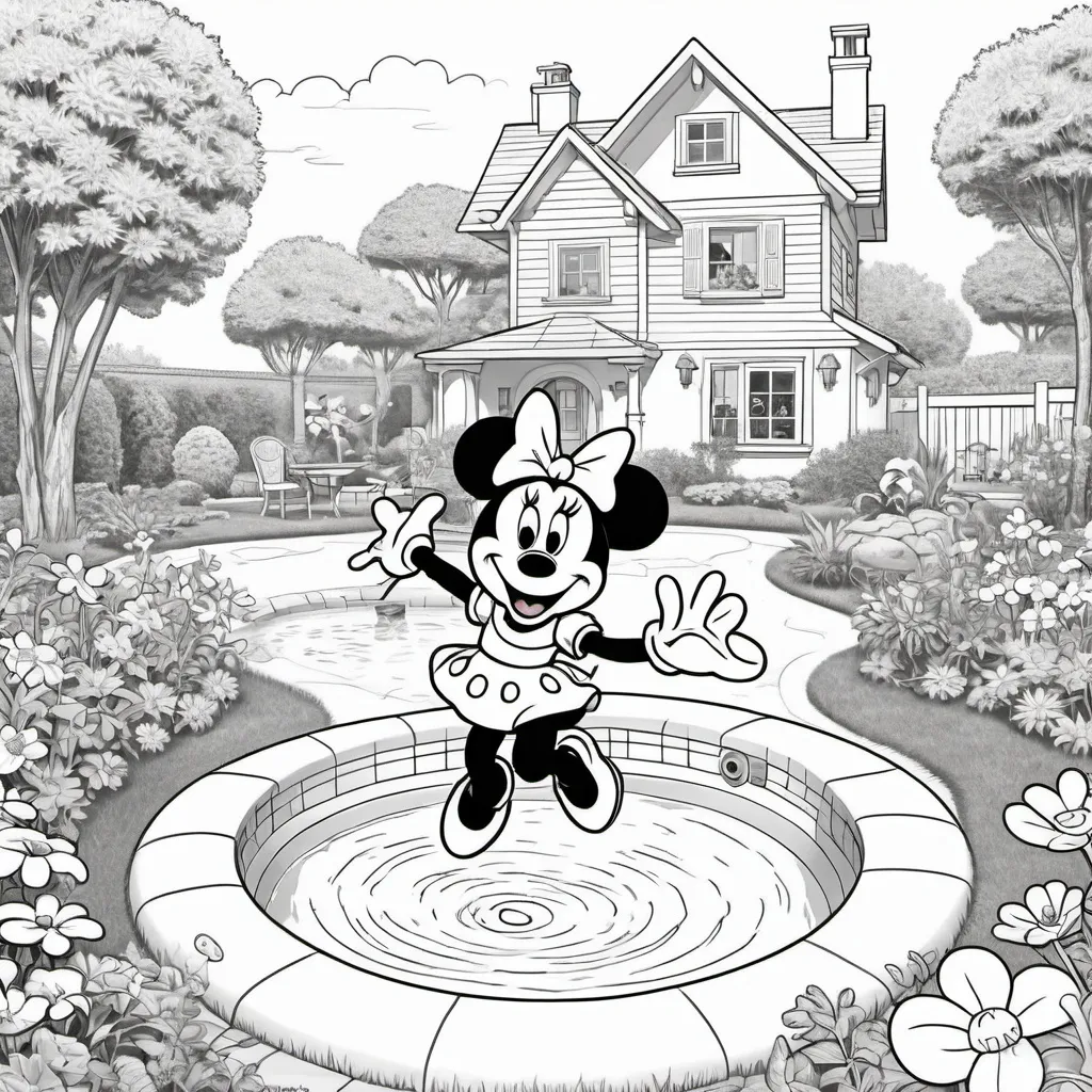 Prompt: Black and white coloring page of Minnie Mouse jumping into the children's pool in the yard of a garden of a house