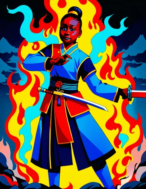 Prompt: Anime character with long hair and (blue eyes), wearing intricate (ancient Chinese clothing), wielding a long sword surrounded by (flames of blue fire), depicted in a mystical, atmospheric setting with a (vibrant color palette). The background features (modern elements with rich textures) to contrast the classic attire, all presented in a (highly detailed 4K style) for an epic feel.