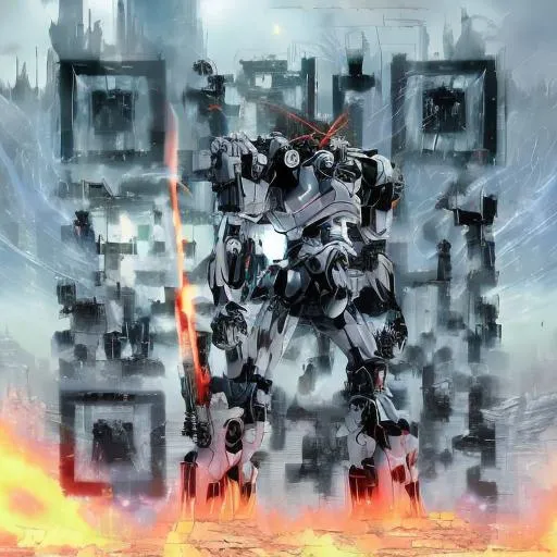 Prompt: masterpiece, best quality, mecha, no humans, black armor, blue eyes, science fiction, fire, laser canon beam, war, conflict, destroyed city background