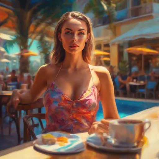 Prompt: Portrait of a very hot woman in a cafe, swimming pool in the background, vibrant and lively atmosphere, oil painting, 4k, ultra-detailed, realistic, glamorous, vibrant colors, professional lighting, beautiful woman, cafe setting, swimming pool, summer vibes, attractive, glamorous portrait, vivid colors, luxurious, high-end art, elegant, fashionable, lively atmosphere, vibrant pool, oil painting, professional, realistic details, energetic
