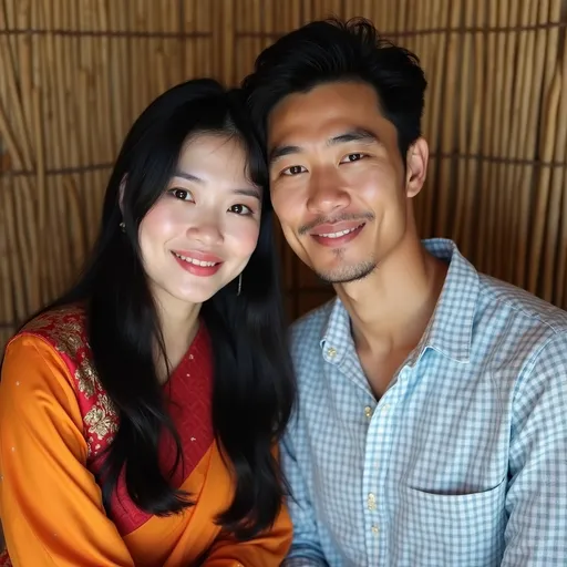Prompt: A couple sits closely together, smiling softly as they pose for a selfie. The woman, adorned in a vibrant orange and red traditional outfit with decorative elements, has long black hair cascading down her back and a gentle expression on her face, highlighting her clear complexion and understated makeup. Next to her, the man wears a light blue checkered shirt and possesses a confident demeanor, gazing directly at the camera with an equally calm expression. They are positioned against a backdrop of woven bamboo, creating an intimate indoor scene, illuminated by soft light that adds warmth to their features. The overall mood conveys a sense of closeness and contentment, embodying a moment of shared joy.