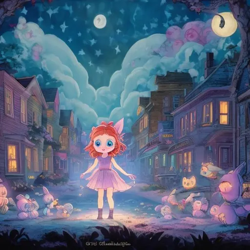 Prompt: In the quiet town of Shiversville, where shadows danced in the moonlight, lived a little girl named Lily, with eyes wide as saucers, so bright 