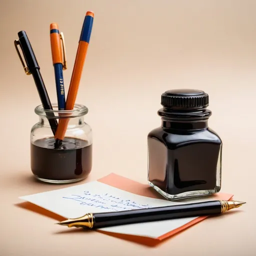 Prompt: A pen and an ink pot on a plain background inspiring children to write