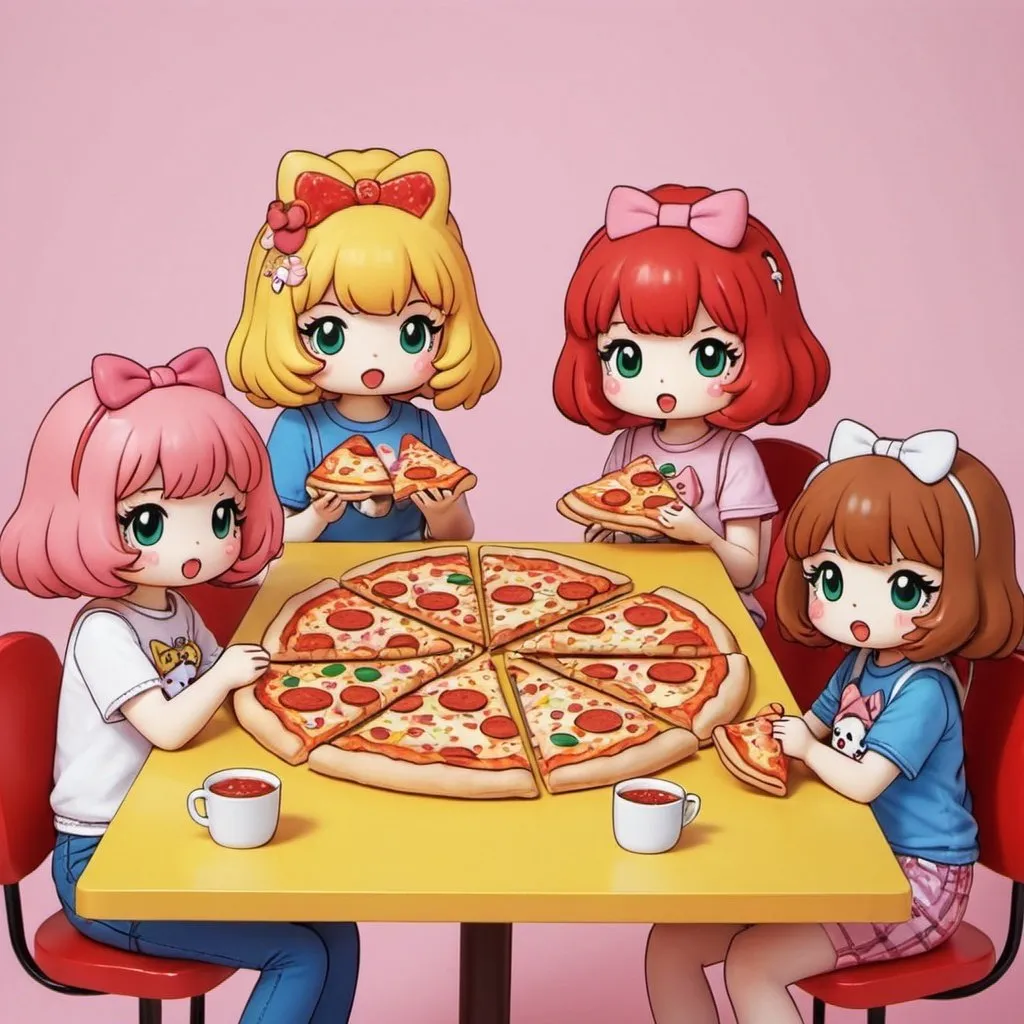 Prompt: Sanrio, whit her friends eating pizza