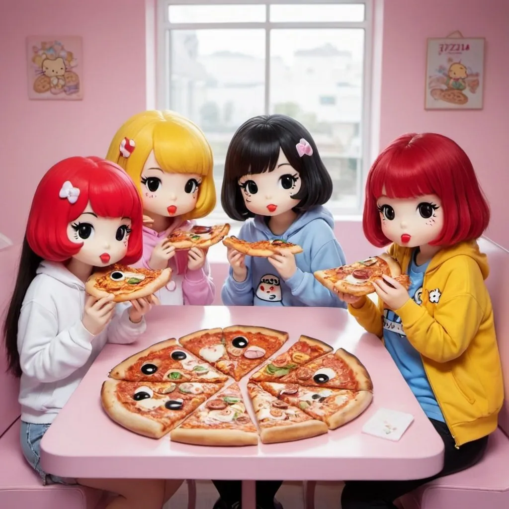 Prompt: Sanrio, whit her friends eating pizza