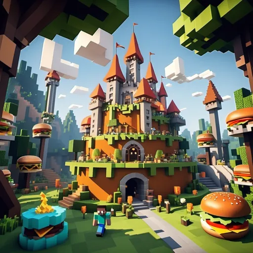 Prompt: Create a fairy tale world, everything is made from burgers, style is Minecraft