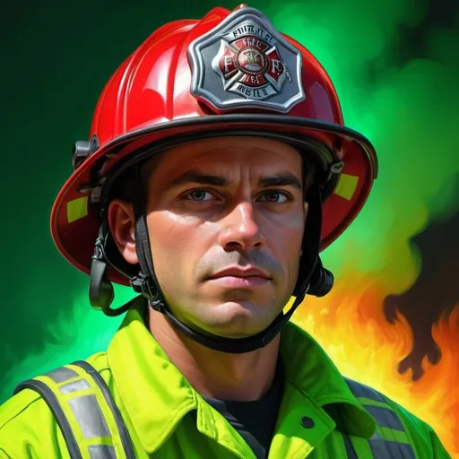 Prompt: Realistic digital painting of a firefighter, vivid green helmet, light green suit, high quality, photorealistic, professional, detailed features, intense expression, realistic lighting, dramatic shadows, firefighter, vivid green helmet, light red suit, detailed, realistic, high quality, professional, intense expression, dramatic lighting, bold colors