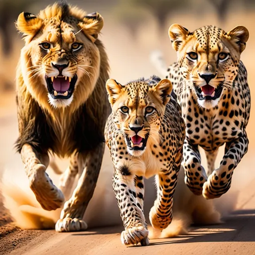 Prompt: A lion, cheetah and leopard side by side racing

