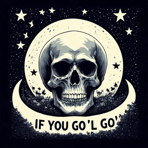 Prompt: a skull and a crescent moon in the background with stars in the shape of a witch, transgressive art lettering "If You Go (I'll Go)"