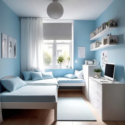 Prompt: A very small bed room with white and lightblue team for a teenage