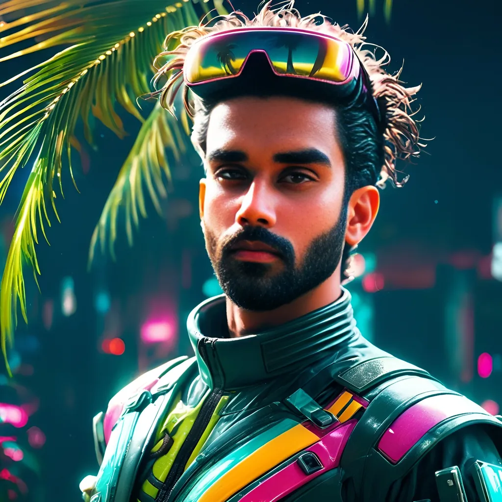 Prompt: a close up of a person wearing futuristic visors a palm tree, shiny cyberpunk colors, retrofuturism, 1980s sci-fi, game cover art, character, 4k