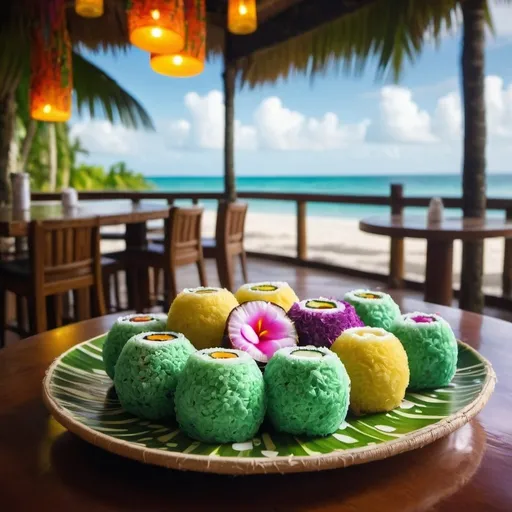 Prompt: klepon served on the table in a tropical bar interior with bright colourful ambience eye level view