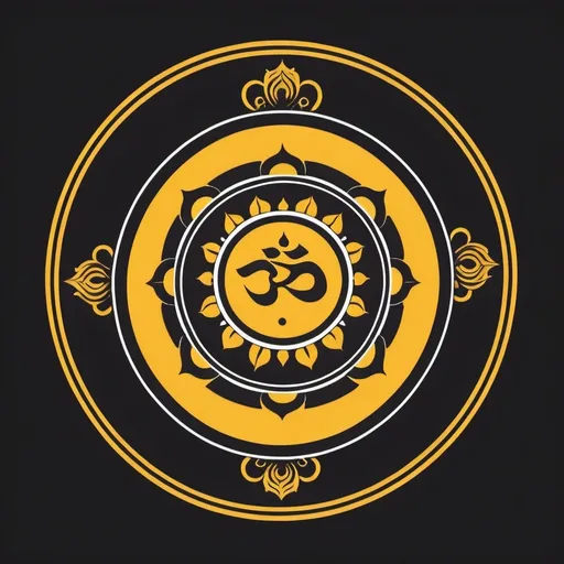 Prompt: Create a logo of a Hindu temple. The background color of the logo is black. The logo surrounded by three colored circles. The boundary line of the Inner Circle is white the boundary line of the middle circle is yellow and the boundary line of Outer Circle is black.