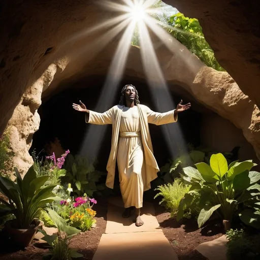 Prompt: Emerging out of a burst of light into a garden, an African Christ comes out from a cave tomb.