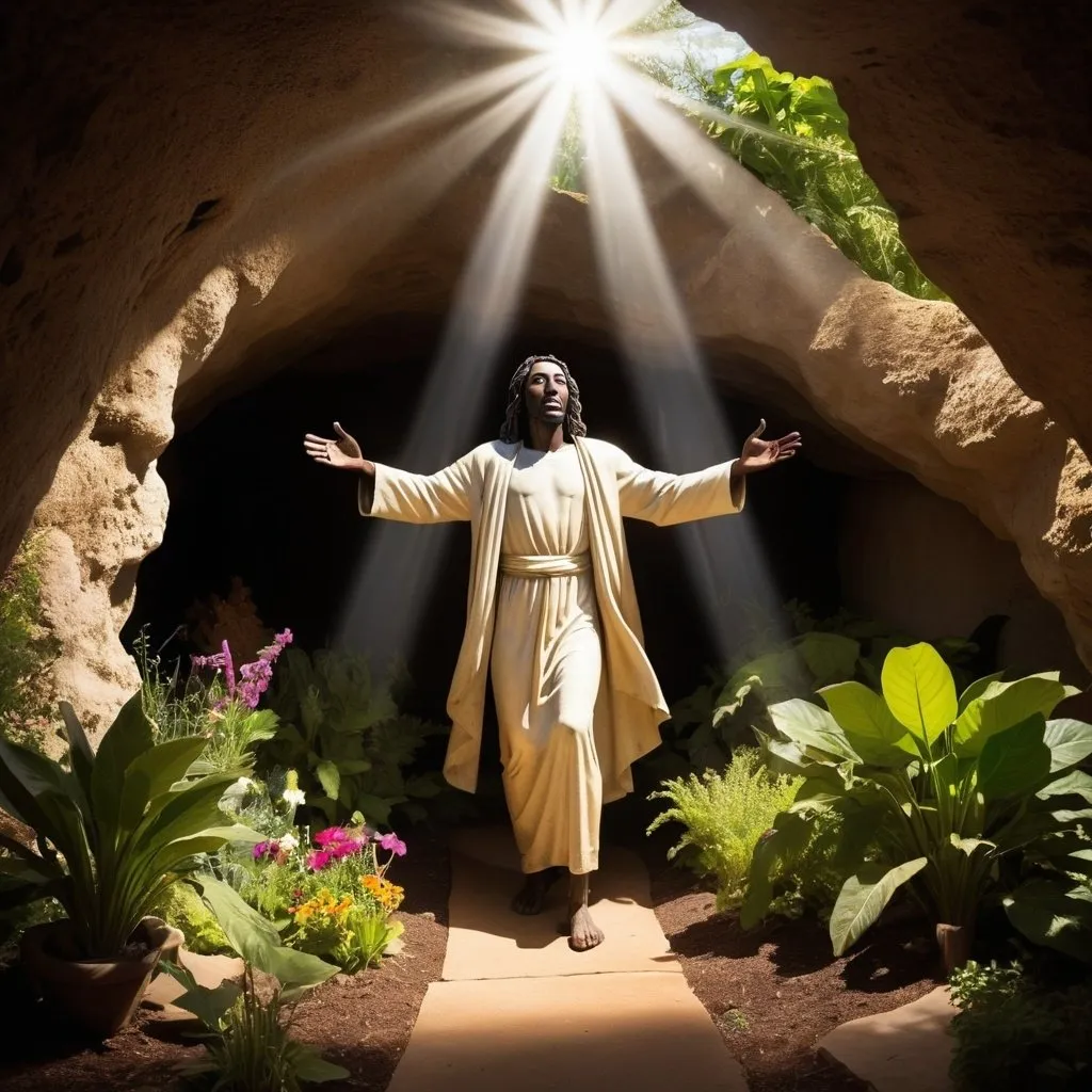 Prompt: Emerging out of a burst of light into a garden, an African Christ comes out from a cave tomb.