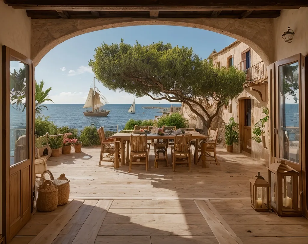 Prompt: paradise scene with some animals, wooden sail ship docked at shore, couple and children, spanish house with courtyard, panoramic view