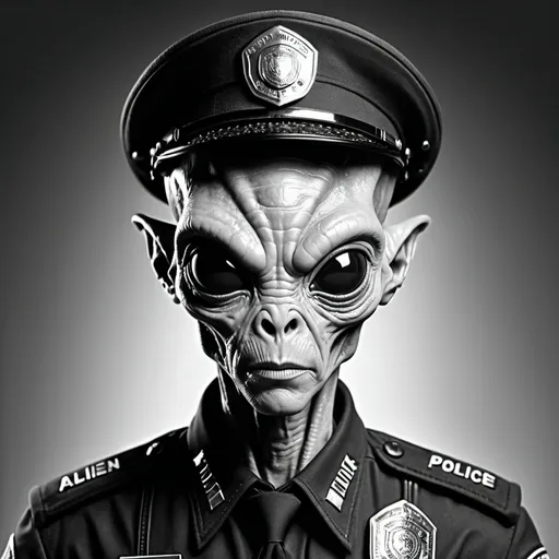 Prompt:  coloring book page, highly realistic alien wearing a police uniform with cap